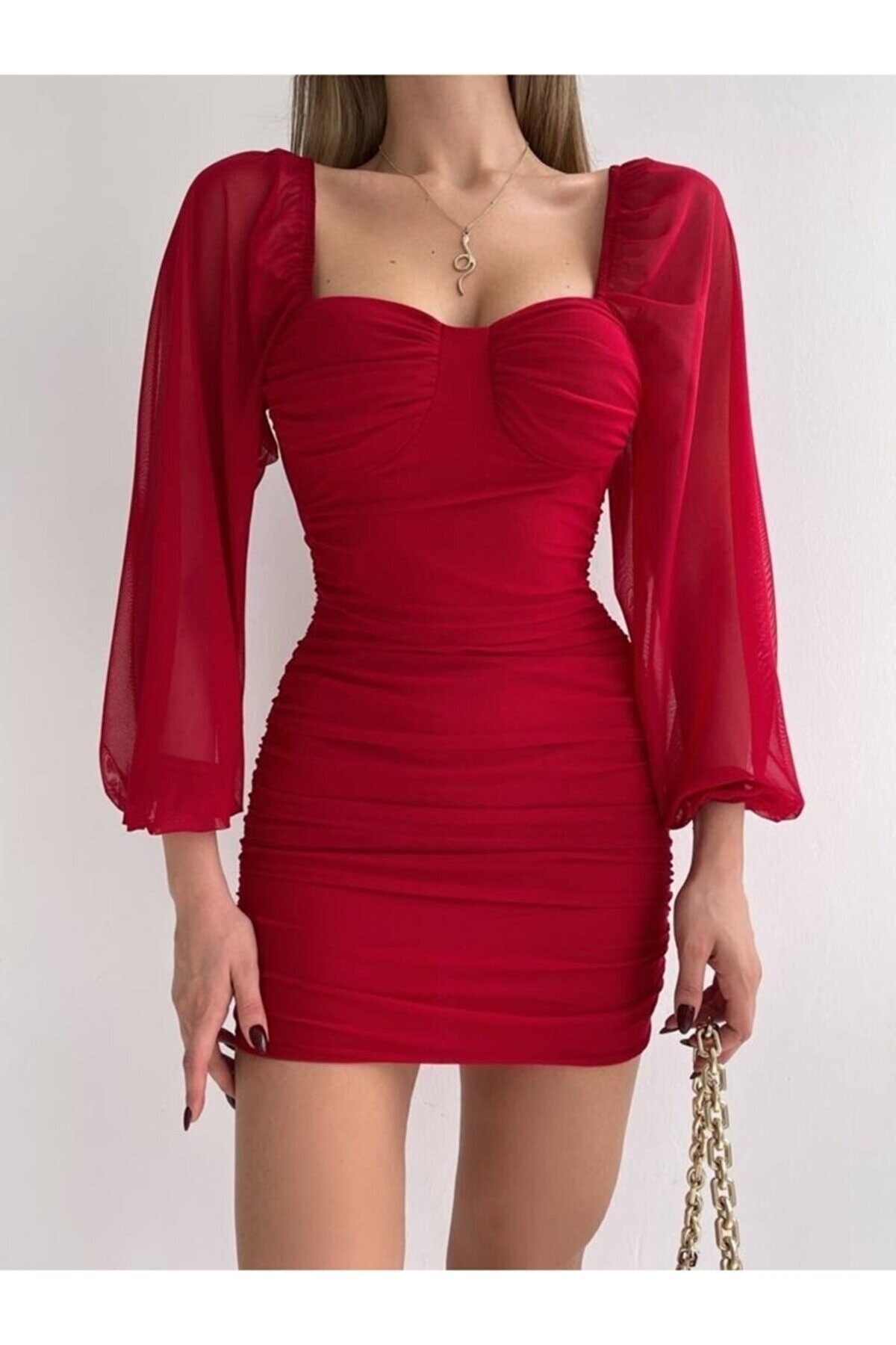 Afiş Butik Kırmızı Uzun Tül Kol Detaylı Drapeli Elbise