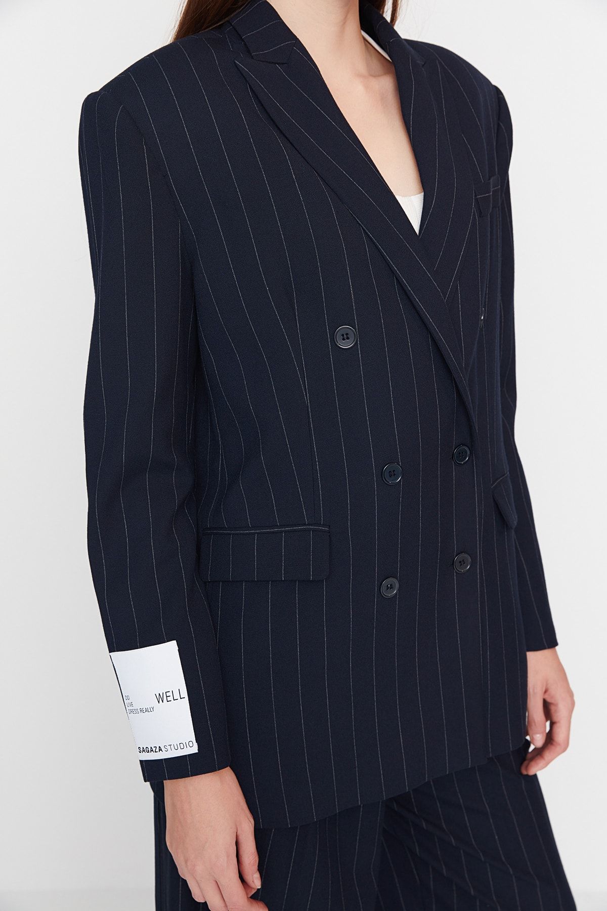 Trendyol Collection-Sagaza Studio Navy Blue pruhovaná tkaná bunda – dvojité zakrytí, TPRAW23CE00025 6
