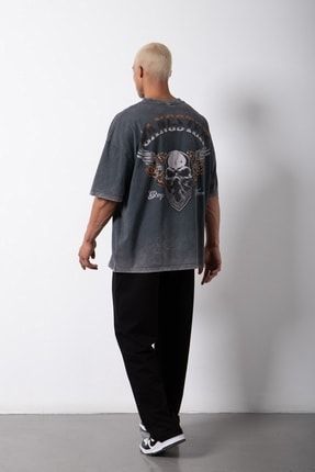Oversize Yıkamalı Gansgter Baskılı Pamuklu T-shirt Siyah M1732