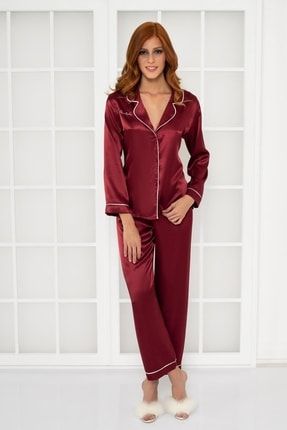 Kadın Saten Biyeli Pijama Takımı -1200 Bordo crdn1200