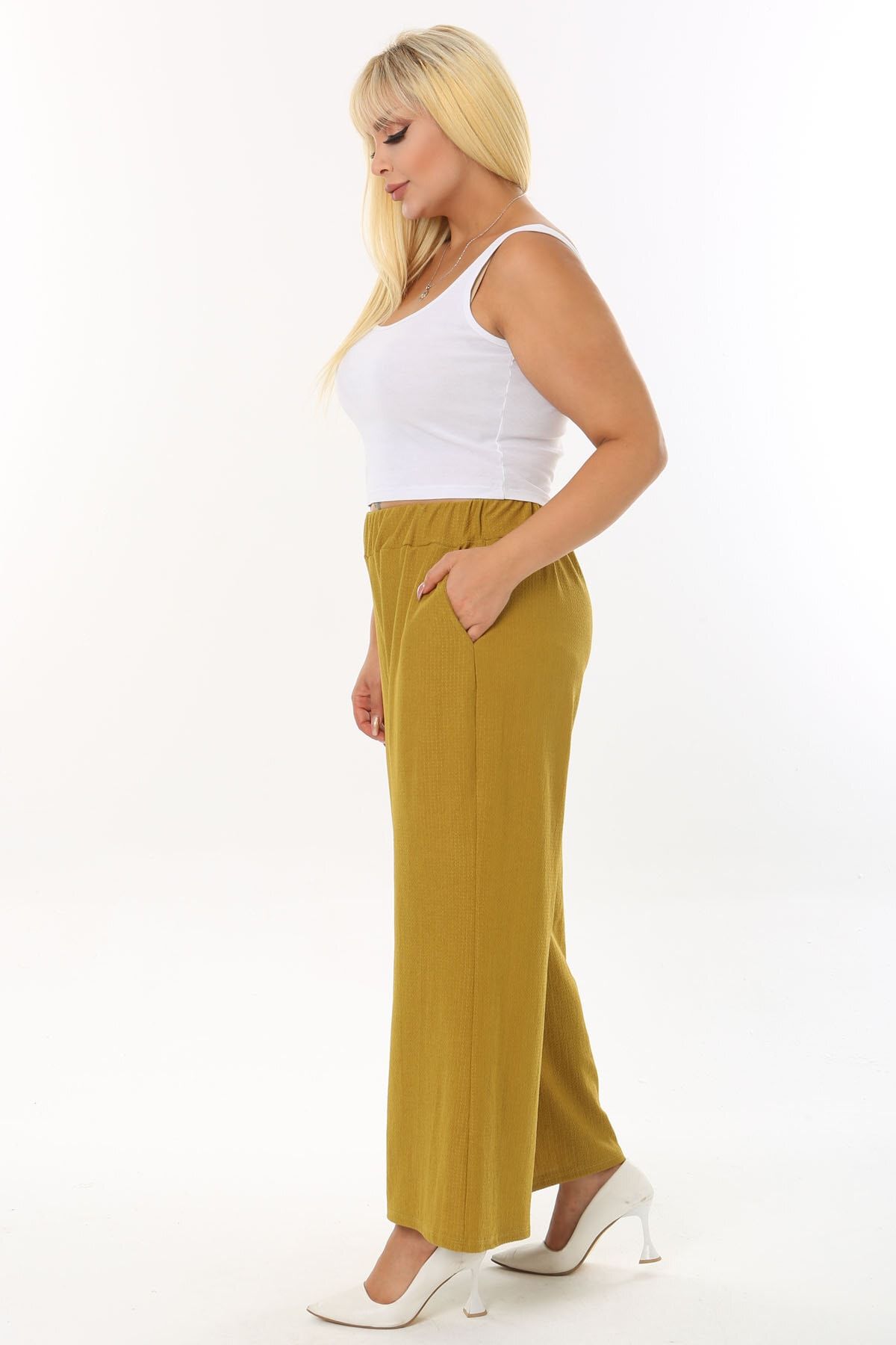Plus size yellow wide leg pants online