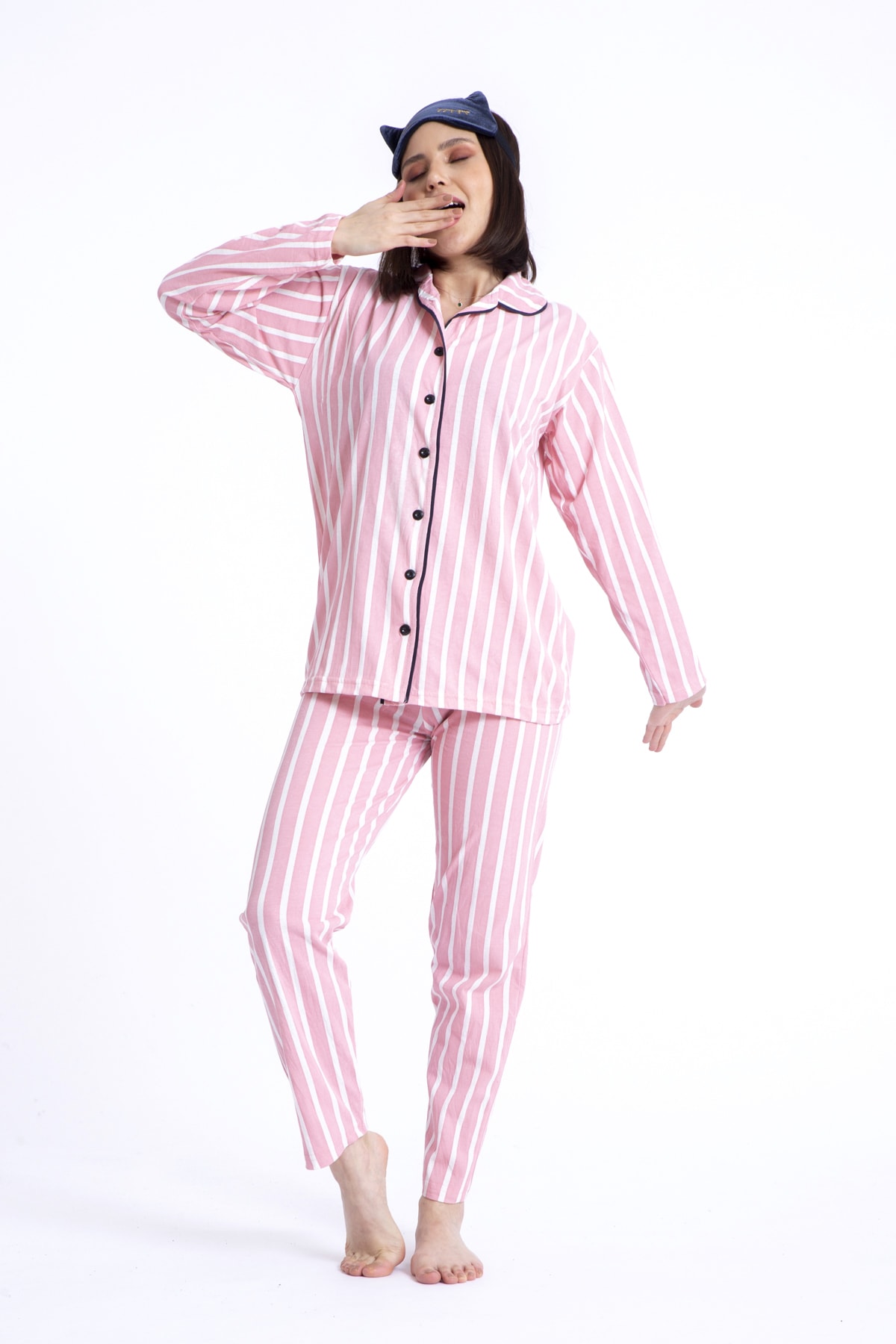 OverPazar %100 Pamuk Gömlek Yaka Düğmeli Beyaz Çizgili Pembe Kadın Gecelik Pijama Takımı