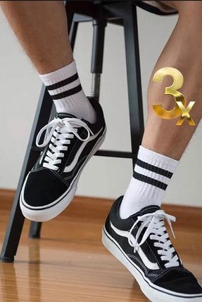 Siyah Çizgili Tabanı Havlu Beyaz Tenis Çorabı 3 Çift Striped Crew Socks HVL22C3