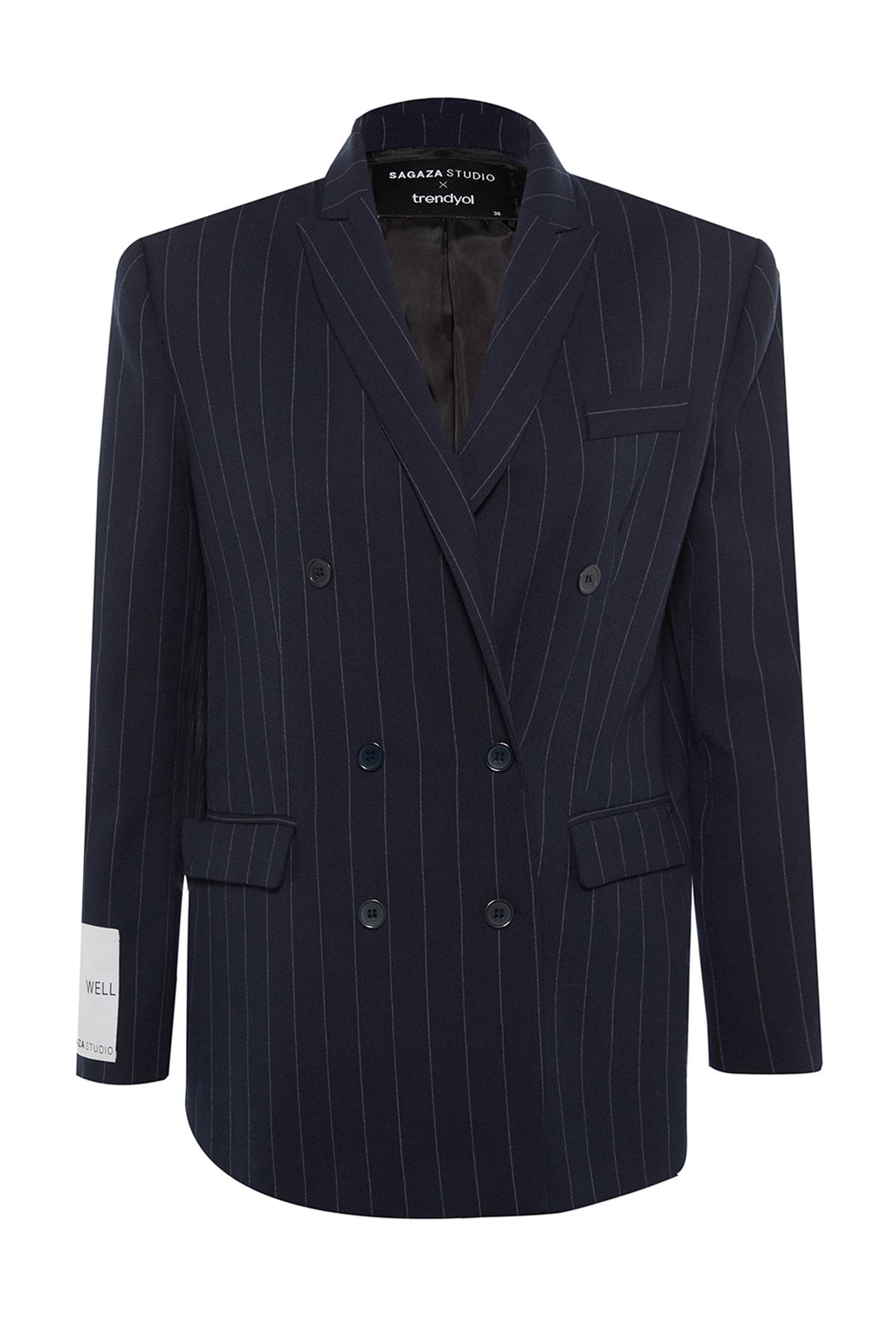 Trendyol Collection-Sagaza Studio Navy Blue pruhovaná tkaná bunda – dvojité zakrytí, TPRAW23CE00025 7