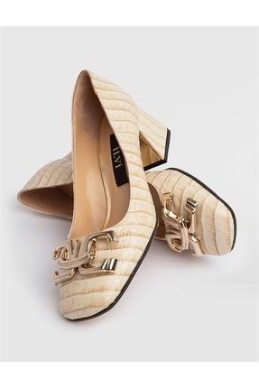 Muan Hakiki Kroko Deri Kadın Bej Topuklu Ayakkabı Muan-521.2919