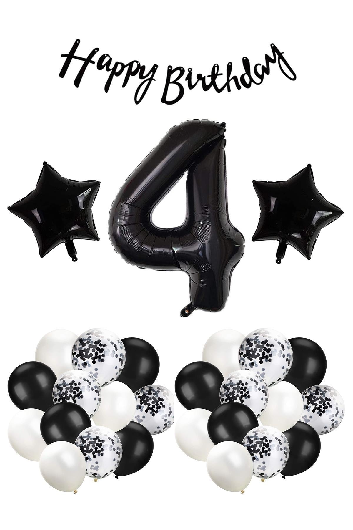 Patladı Gitti Siyah Konsept 4 Yaş Doğum Günü Kutlama Seti; Beyaz Siyah Konfetili Balon, Rakam Yıldız Folyo Ve Bann