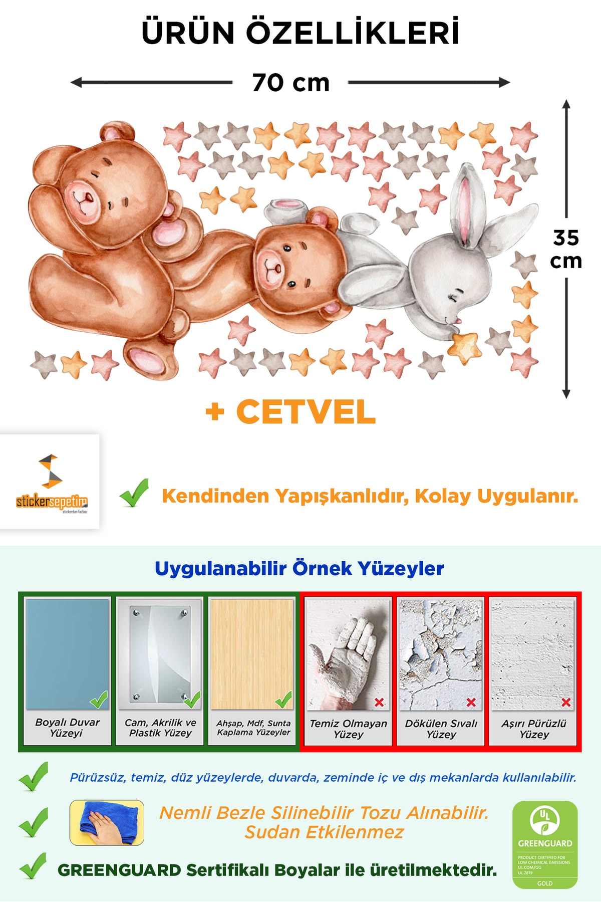 Sticker Sepetim Duvar Sticker - Sevimli Ayıcıklar, Tavşan Ve Yıldızlar Çocuk Odası Boy Ölçer Cetvel Duvar Dekoru fotoğrafı 2 (önizleme)