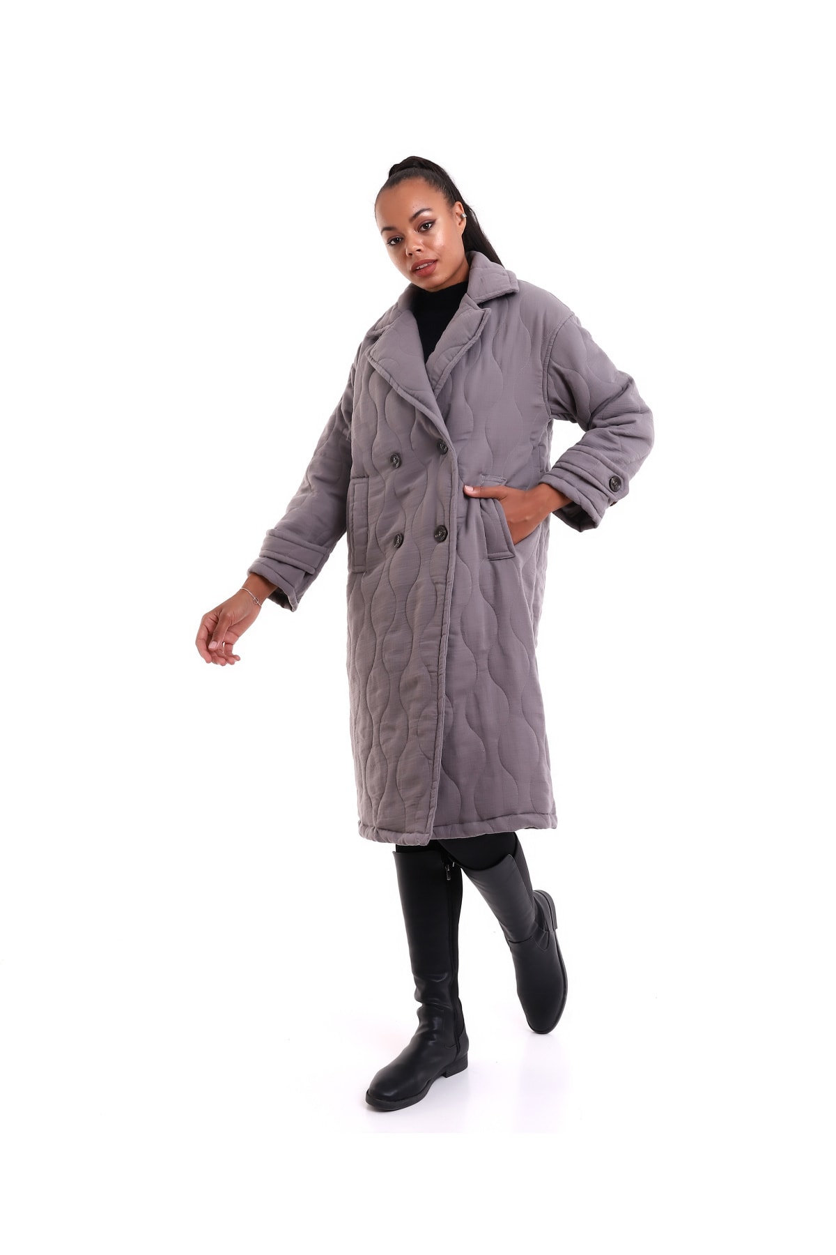 HANIQA  Kadın Gri Dokuma Kaban 1079 - Görsel 3