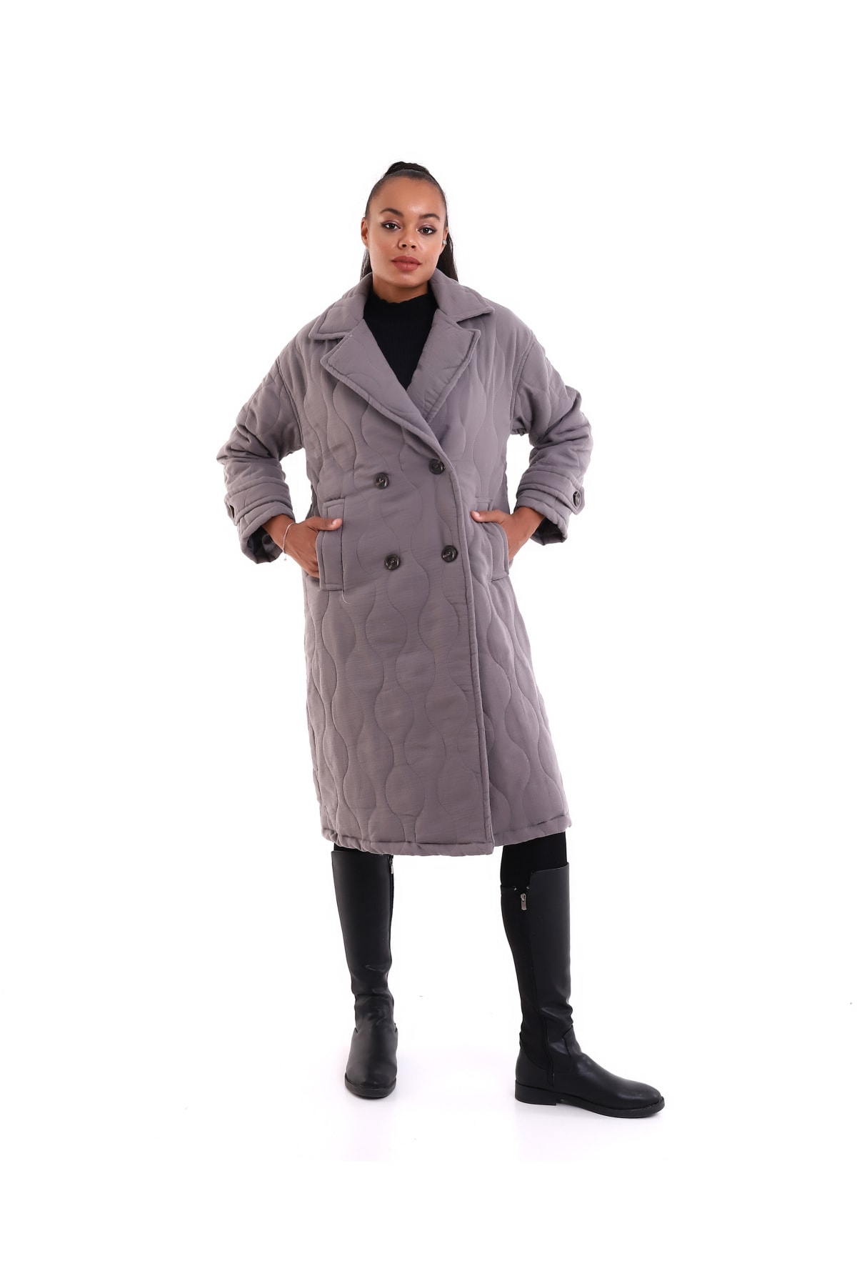 HANIQA  Kadın Gri Dokuma Kaban 1079 - Görsel 4