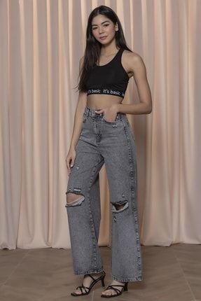 Kadın Gri Renk Diz Lazer Detaylı Wide Leg Kalıp Yüksek Bel Jeans ITSBASIC 1770