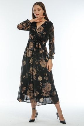 Siyah Çiçek Desen Kruvaze Büyük Beden Şifon Elbise ELBISEDELISI-1001