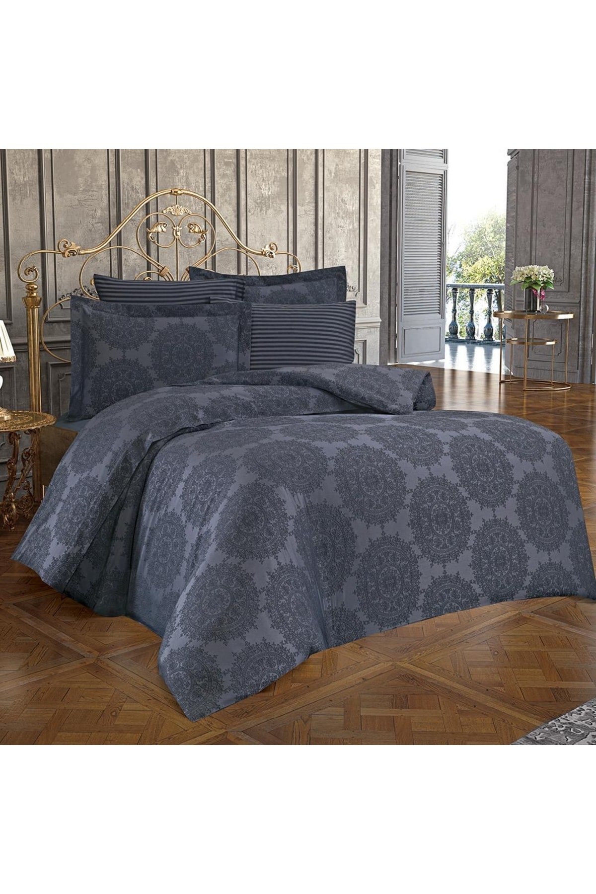 Tiara Bamboo Jacquard Fabric Dark Gray Double Duvet Cover Set 6 Pcs.