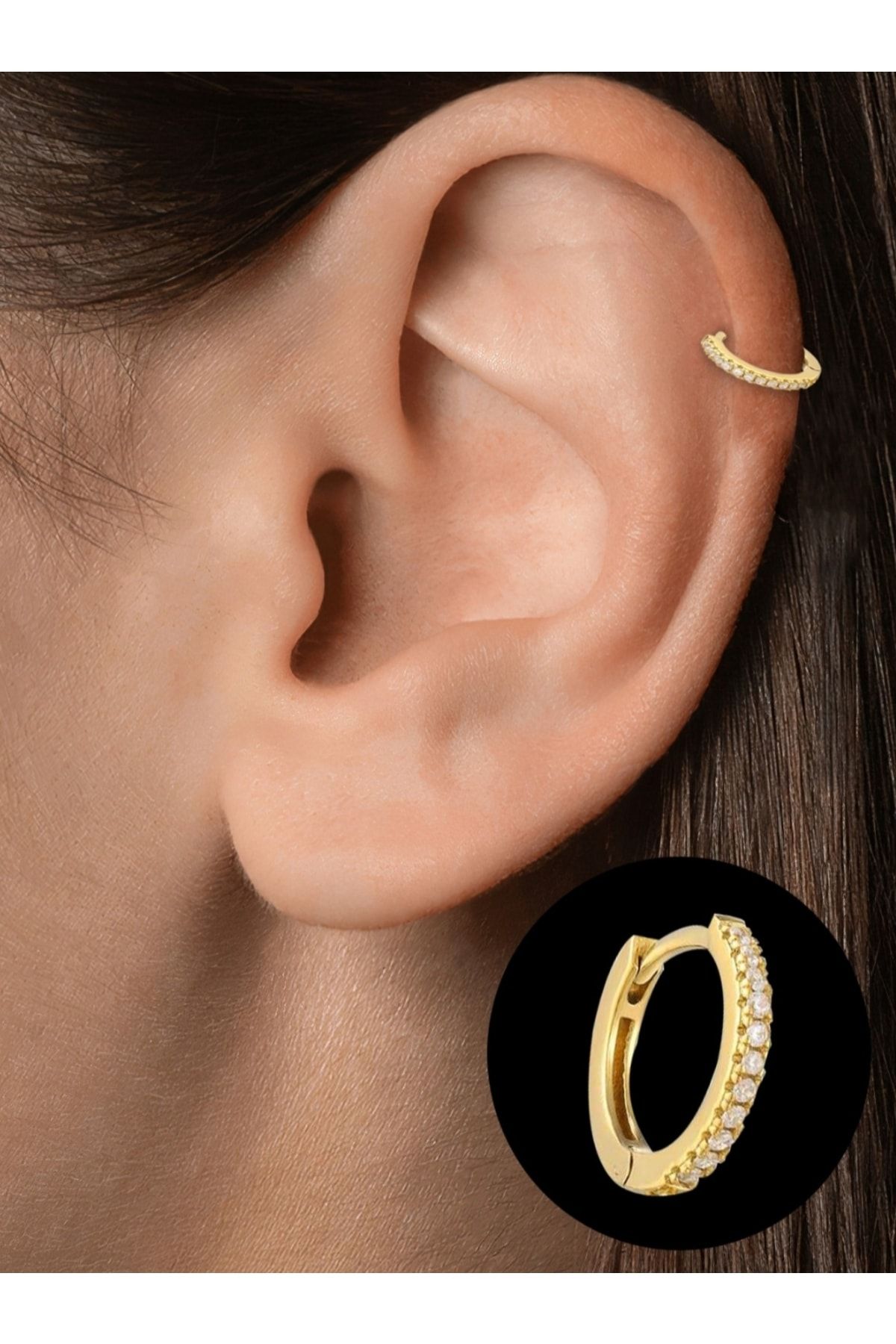 Cerrahi Çelik Tam Tur Taşlı Halka Tragus Kıkırdak rook lobe Piercingi