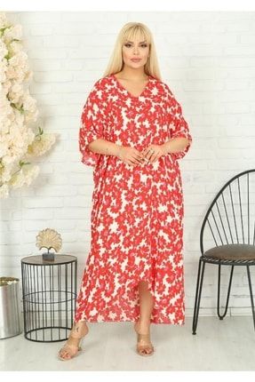 Kadın Büyük Beden Beyaz Kırmızı Çiçek Cepli V Yaka Salaş Dokuma Elbise VXL-0759