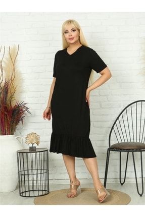 Kadın Büyük Beden Siyah V Yaka Eteği Fırfırlı Esnek Viskon Elbise VXL-0741