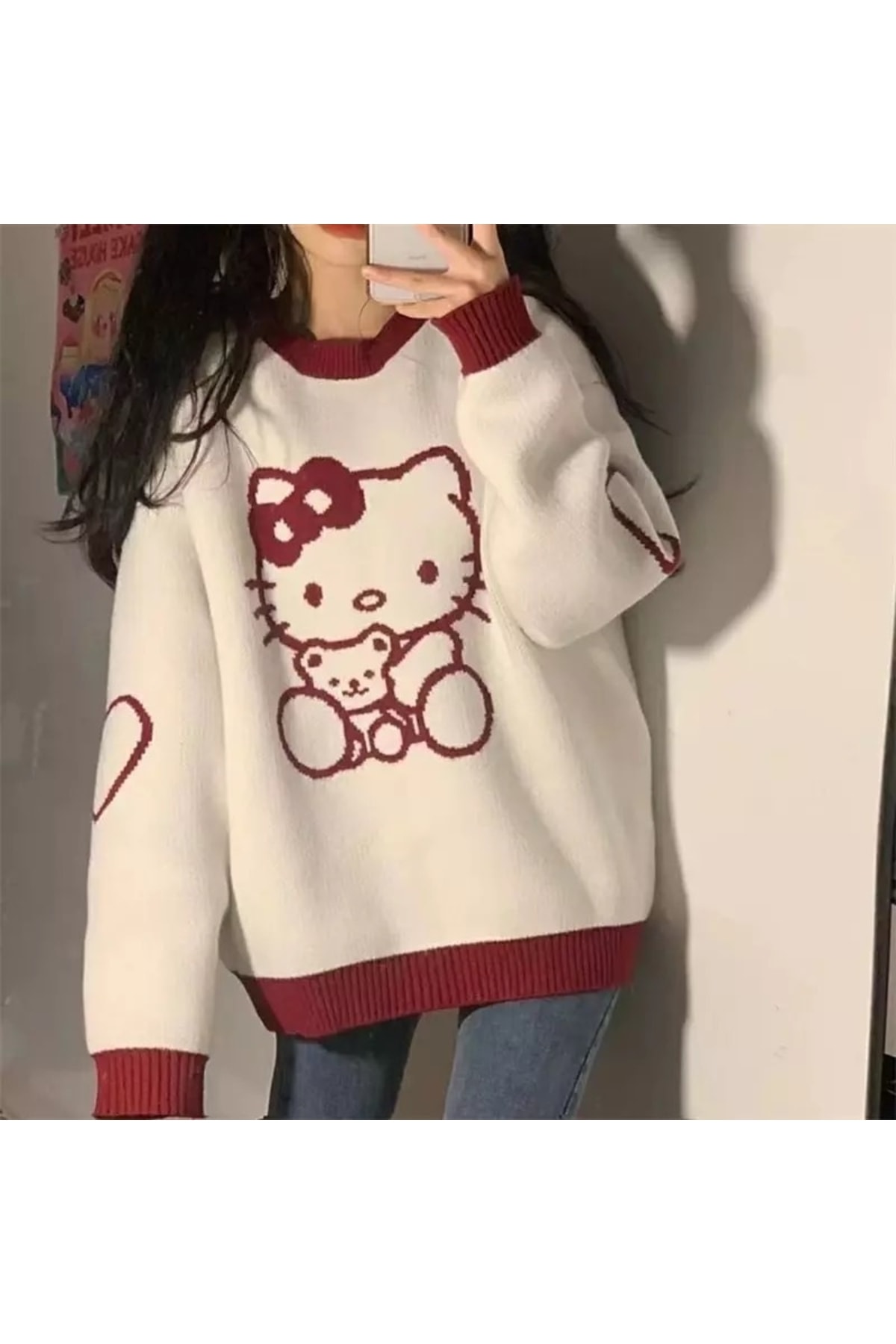 Köstebek Kawaii Anime Hello Kitty Bear Friend Beyaz Oversize Kazak