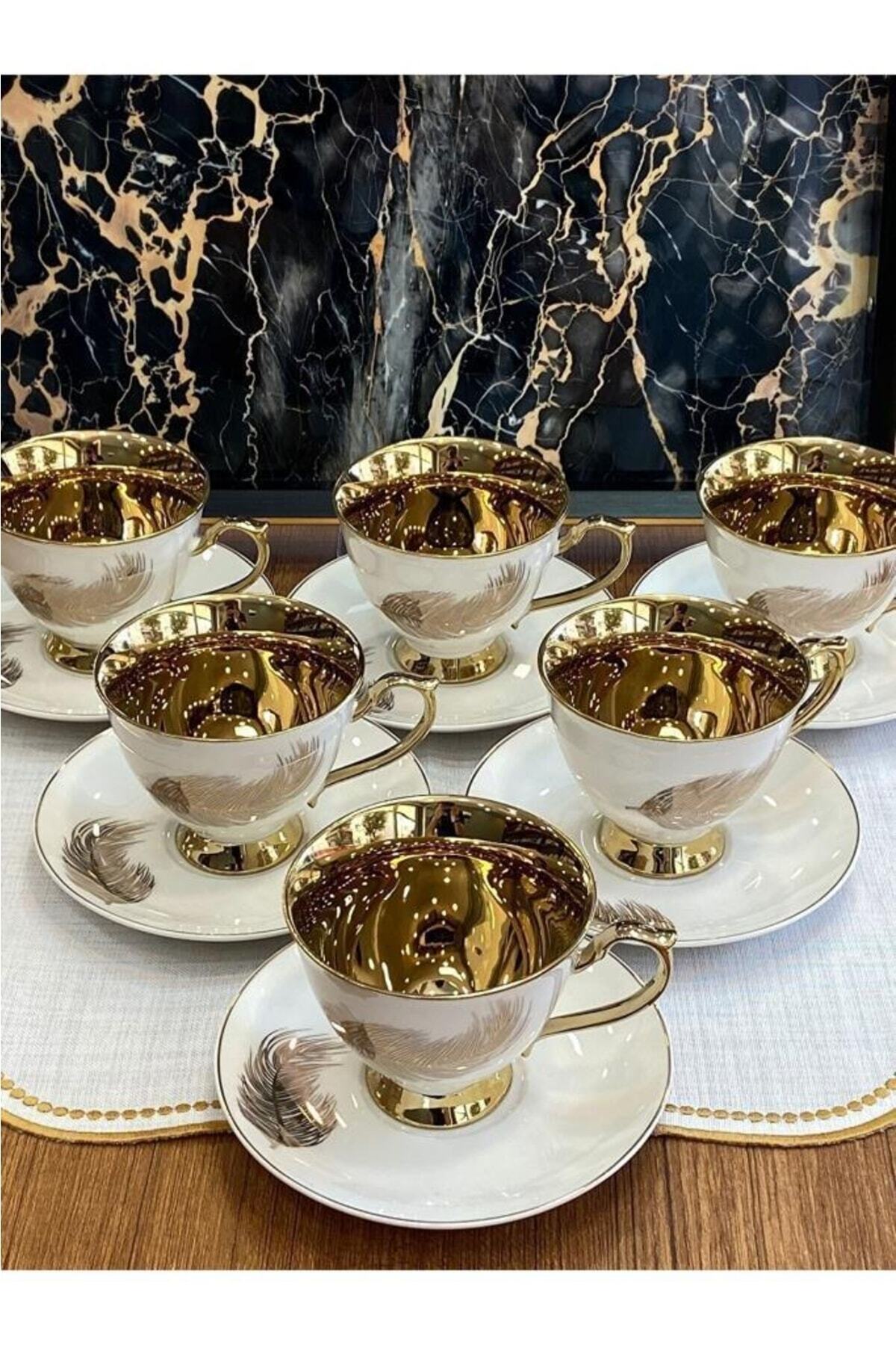 Sembol Beyaz Gold Tüy 6 Kişilik Porselen Kahve Fincan Takımı Harlem ...