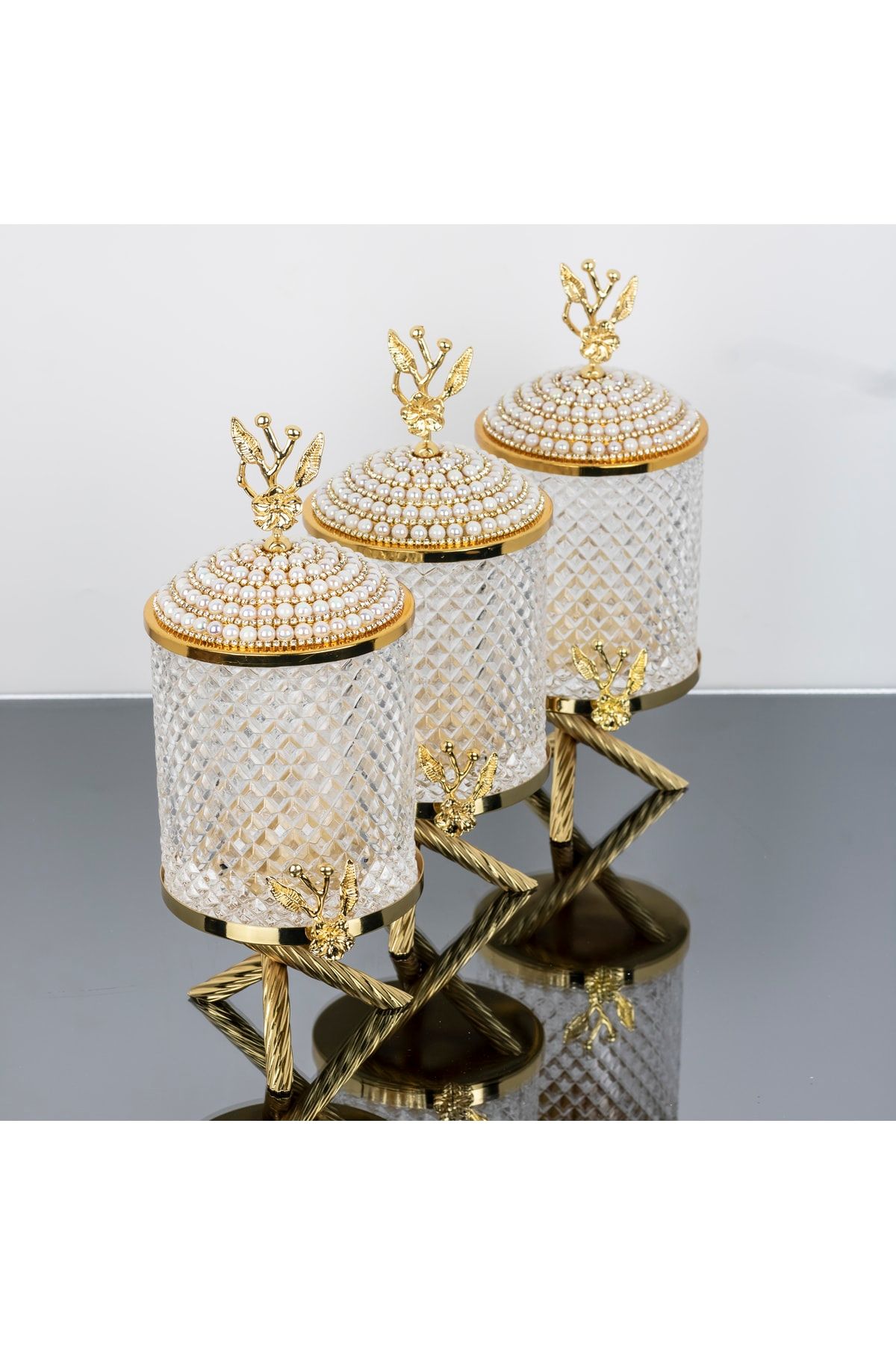 İnova Home Decor Deren Japon Gülü Incili Gold Renk Stand’lı Çapraz Kavanoz Seti