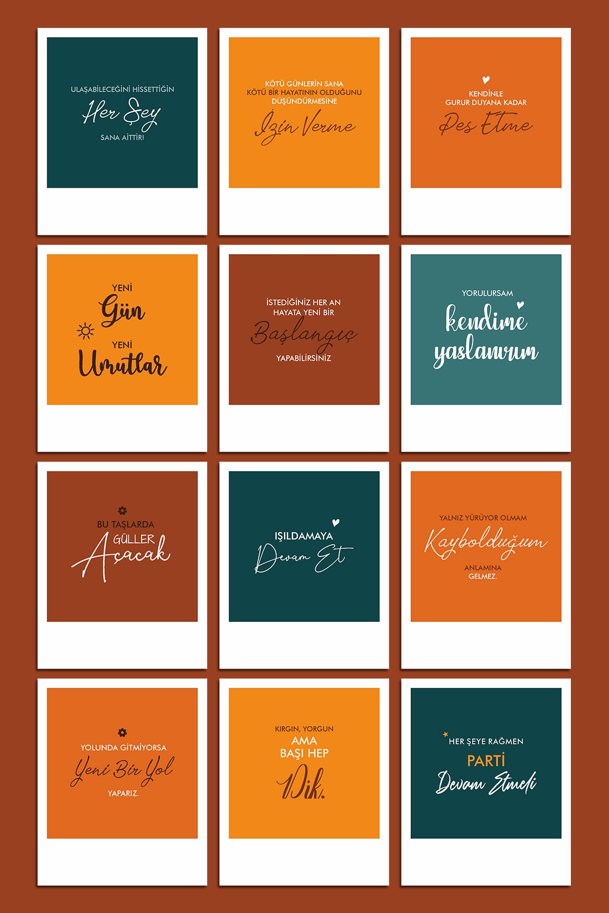 Özer Store 12'li Motivasyon Temalı Dekoratif Süsleme Pola Kart Seti