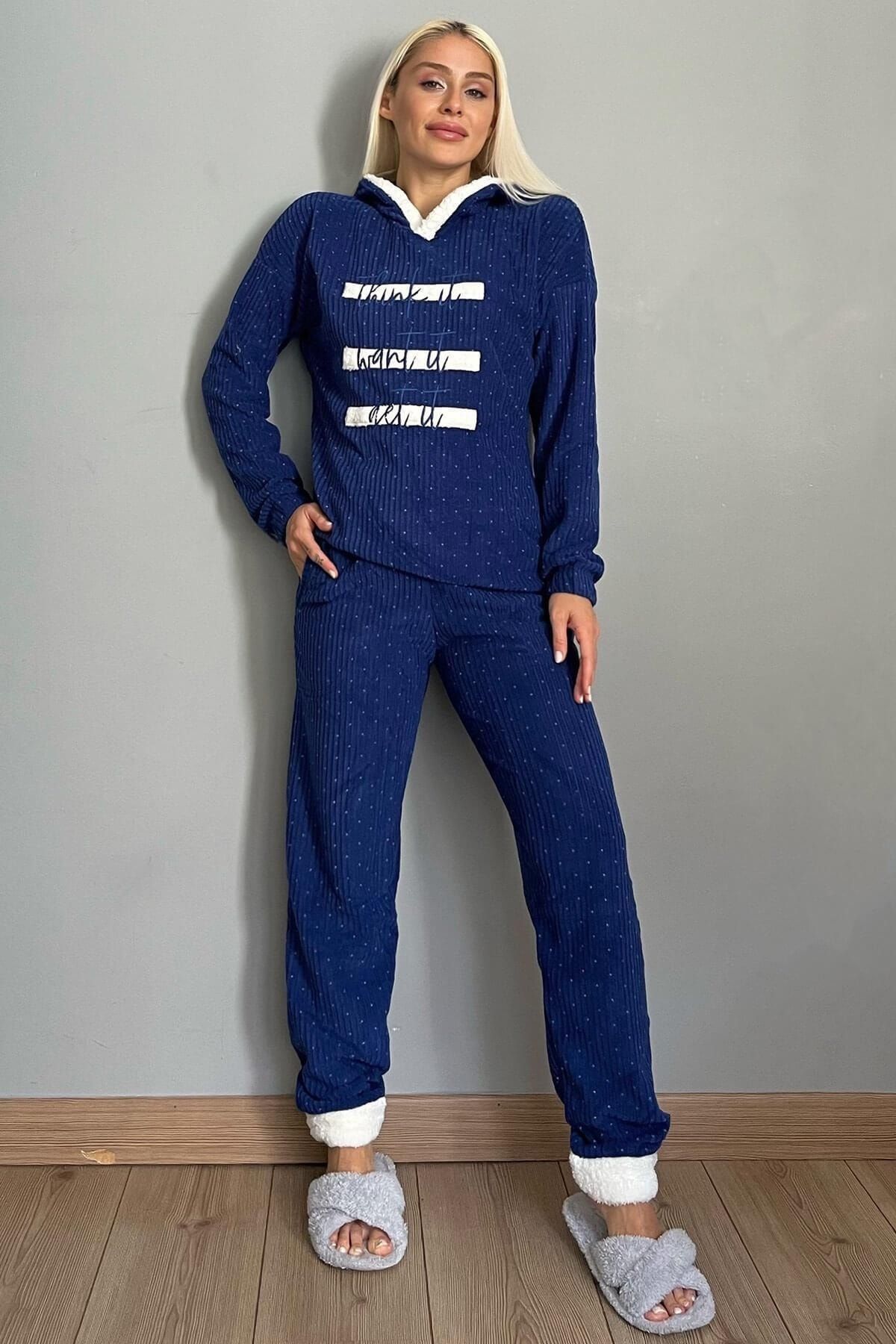 Pijamaevi-Navy Blue Three Line Patterned Hooded Plush Polar Pajama Set 5