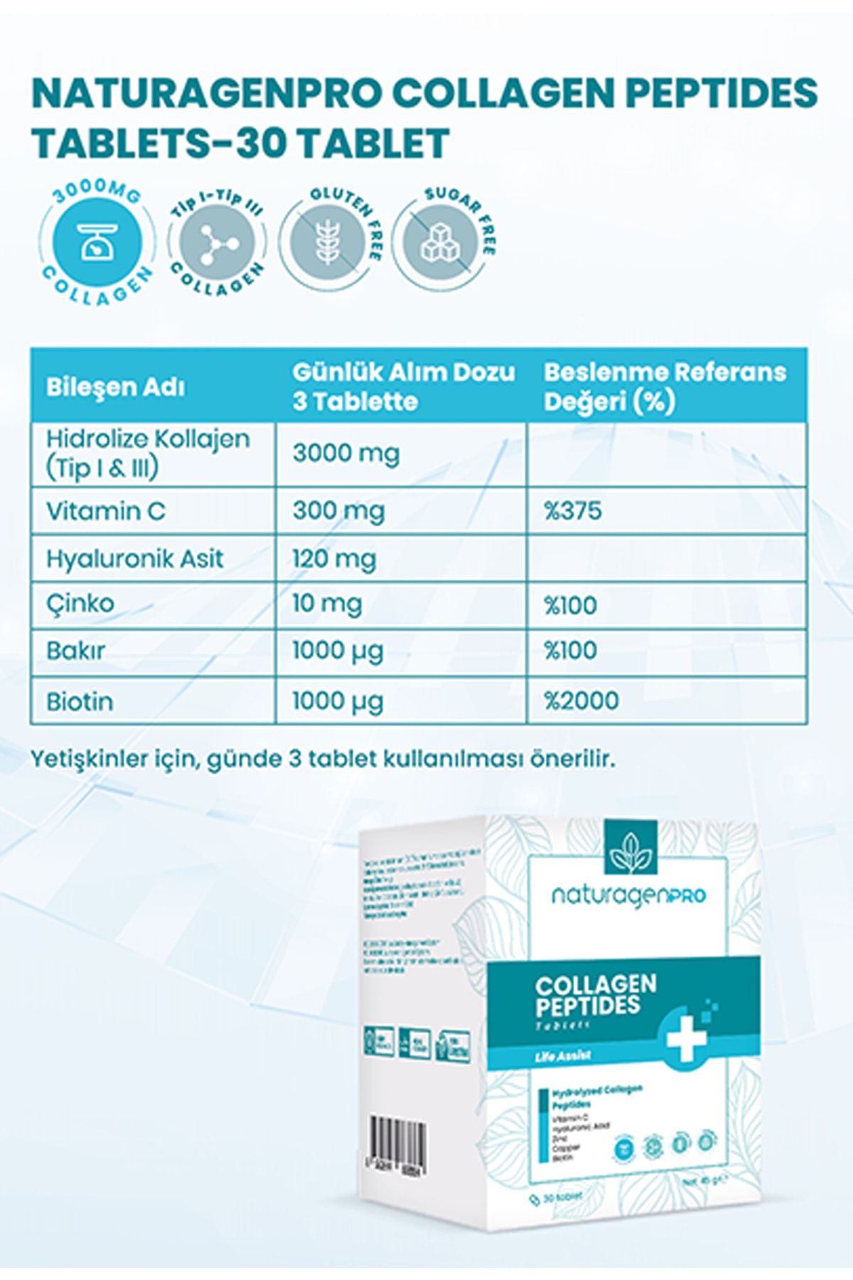 Naturagen Pro Kolajen 30 Tablet Hidrolize Collagen (TİP-1&amp;TİP-3 HYALURONİC ACİD,VİTAMİN C,BİOTİN,ÇİNKO,BAKIR) ZO10119