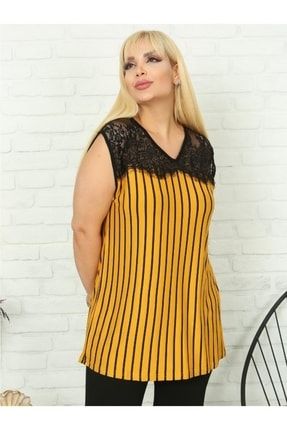 Kadın Büyük Beden Sarı Siyah Çizgili Omuz Dantel Detay Esnek Viskon Kolsuz Bluz VXL-0740