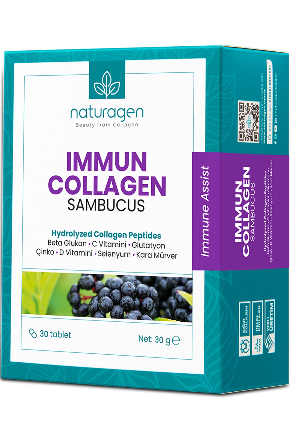 Naturagen Kolajen Immun Sambucus(KARAMÜRVER),beta Glukan,vitamin A-b6-b12-c-d-e,selenyum,çinko 30'lu Tablet
