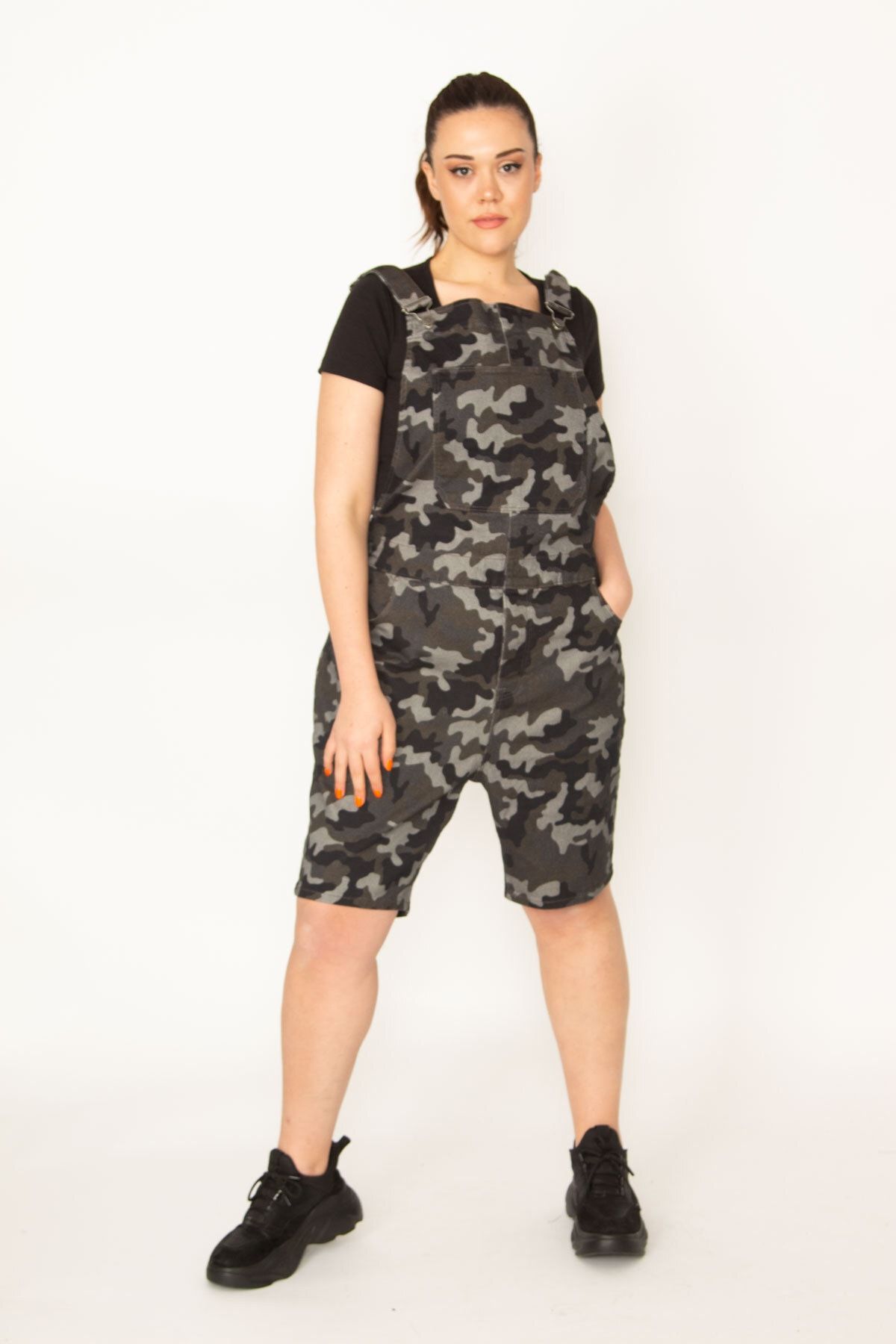 Şans-Women's Large Size Khaki Camouflage Patterned Shorts Salopet 65n34458 2