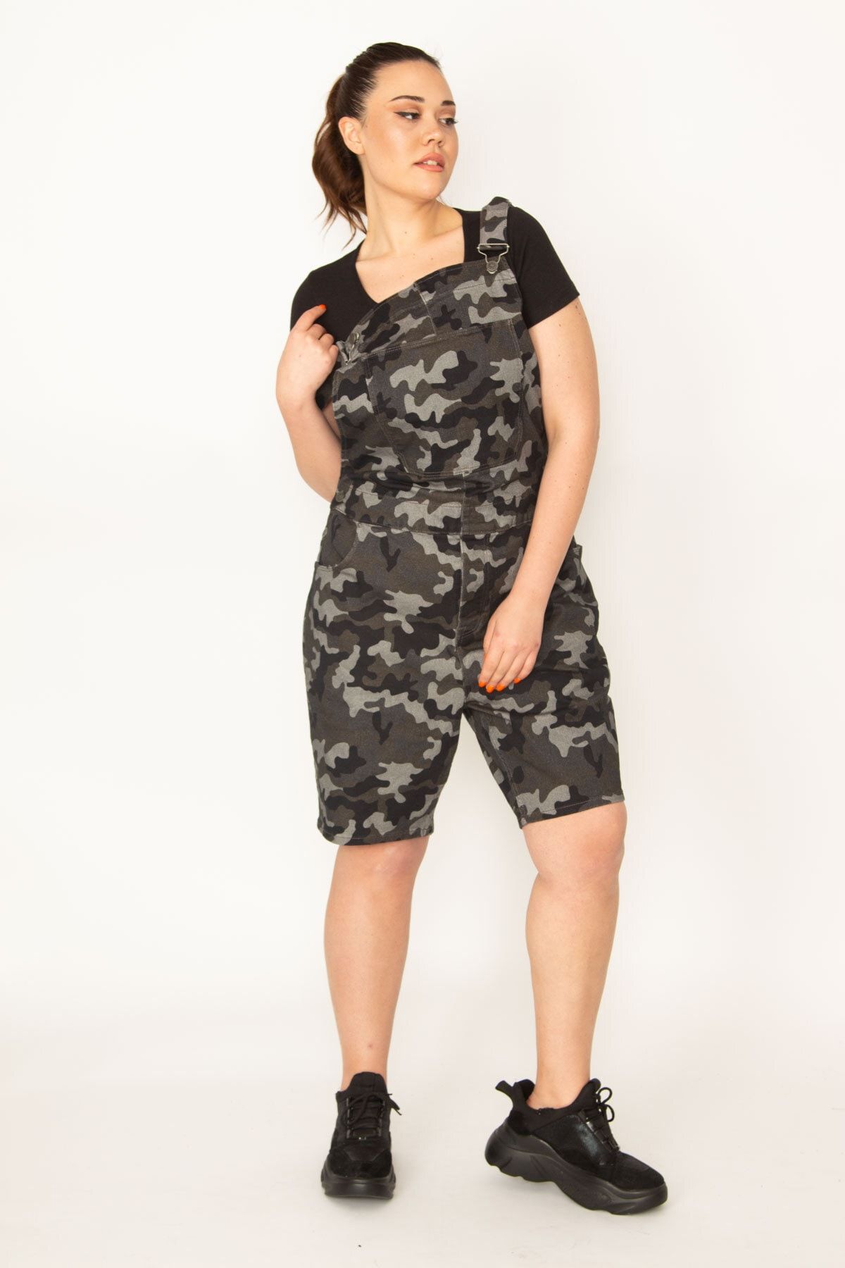 Şans-Women's Large Size Khaki Camouflage Patterned Shorts Salopet 65n34458 4