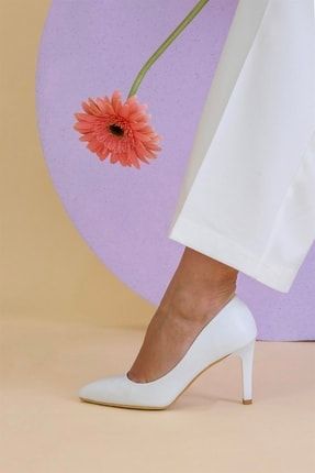 Kadın Beyaz Leopar Detaylı Topuklu Stiletto Ayakkabı 8 cm 10BYN-AG620-BEYAZ