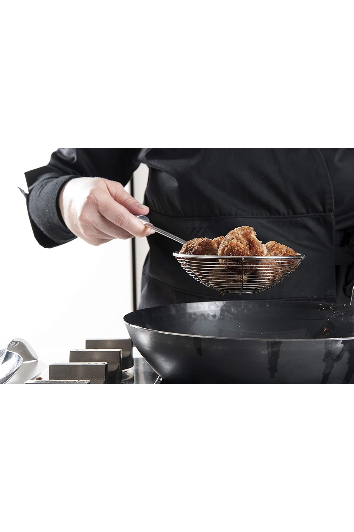 Paslanmaz Çelik Kızartma Kevgiri Yağ Süzgeci Metal Saplı Kevgir Kepçe 36cm