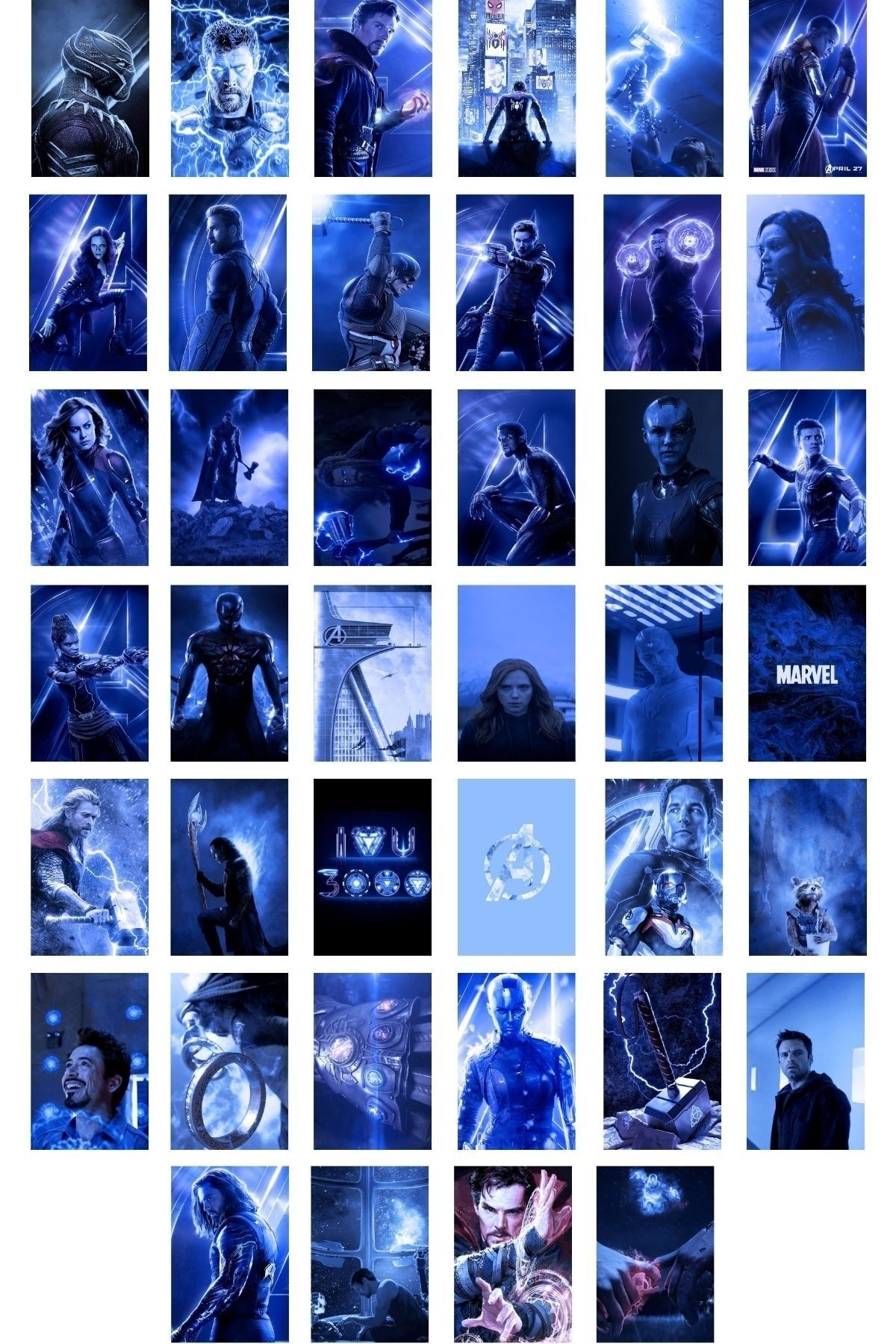 Postifull Marvel Duvar Posteri Kolaj Seti Mavi Temalı Avengers Poster 40 Adet Arkası Yapışkanlı Kutulu