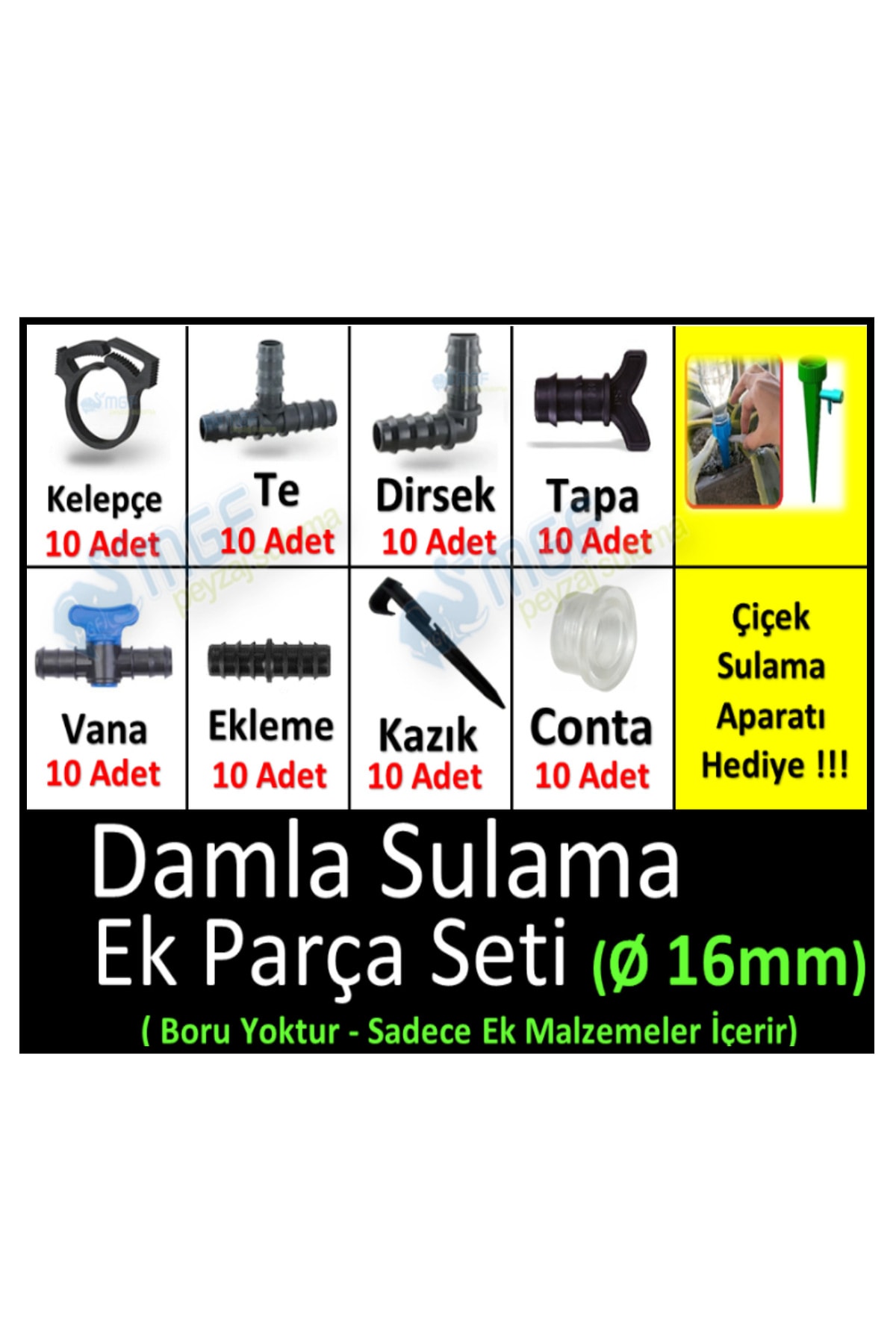 Mgf Damlama Sulama Ek Parçaları Aparat Karışık Set/te+dirsek+conta+vana+kelepçe+nipel+tapa+kazıkx10 2