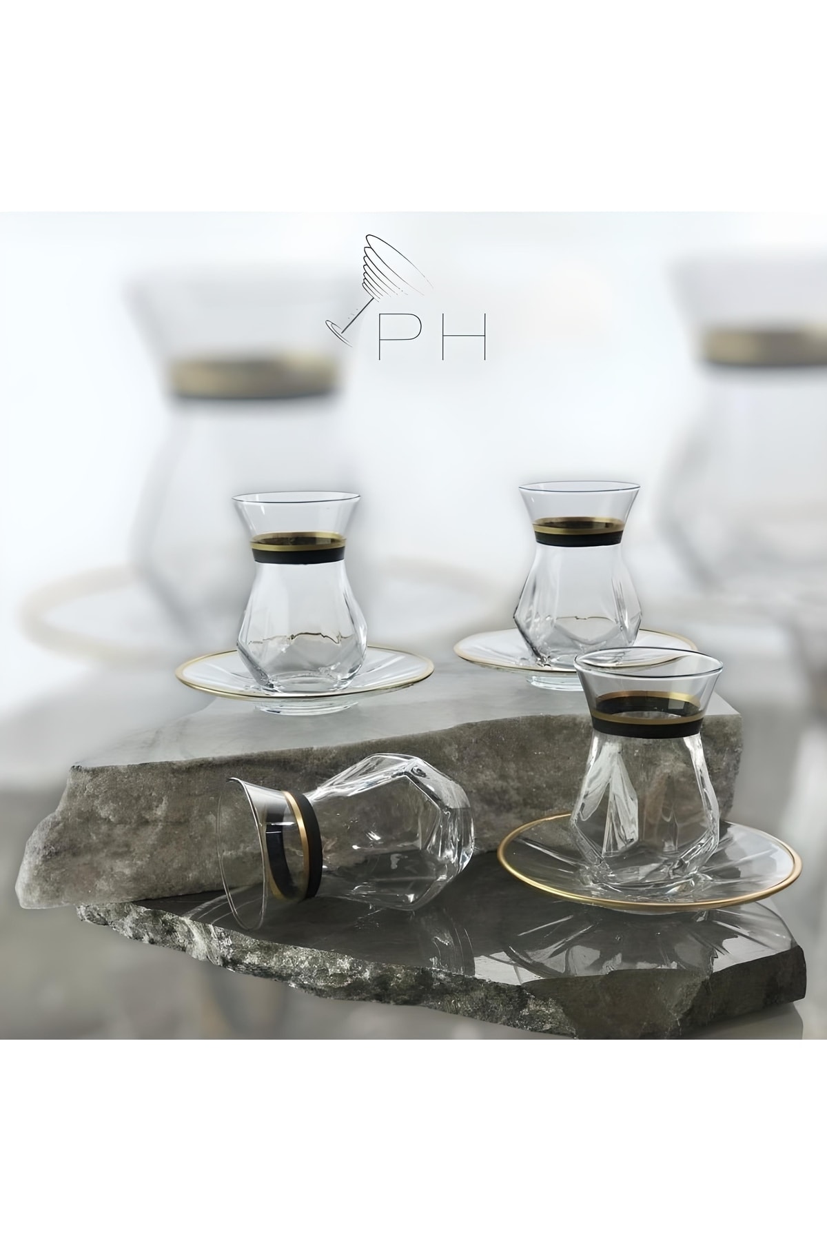 P H Panayır Home Pasabahce-lav Lüx Siyah Gold Şeritli Çay Seti - 12 Parça Çay Bardağı Takımı QR10876