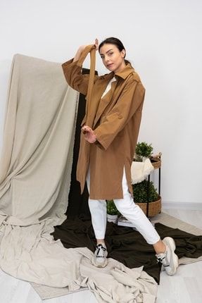 Kahverengi Allerli Kadın Trençkot - Oversize GY.TRN.KD.0015