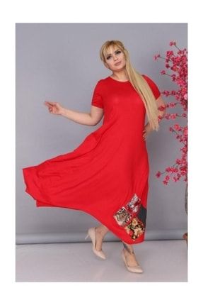 Kadın Kırmızı Büyük Beden Asimetrik Kesim Yama Detay Likralı Viskon Elbise VXL-0562