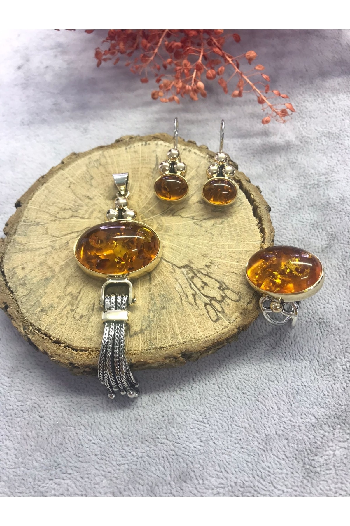 NSA SILVER Kehribar Taşlı Gümüş Set 925 Ayar