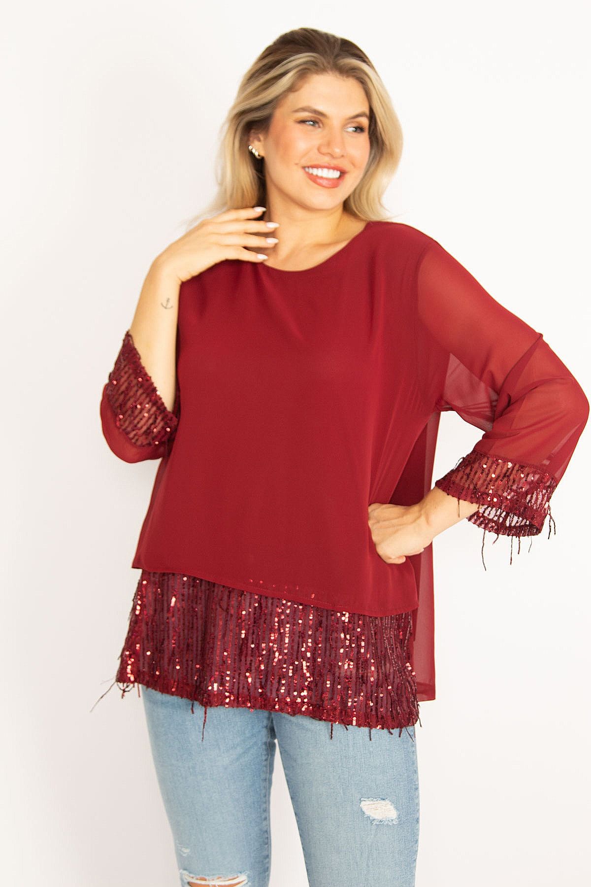 Red chiffon blouse plus size sales