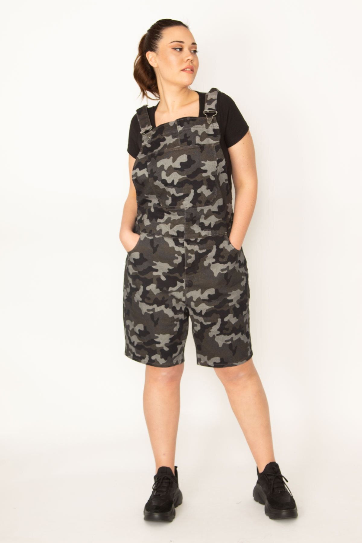 Şans-Women's Large Size Khaki Camouflage Patterned Shorts Salopet 65n34458 3