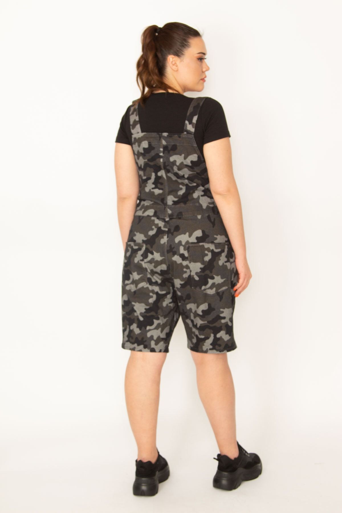 Şans-Women's Large Size Khaki Camouflage Patterned Shorts Salopet 65n34458 6
