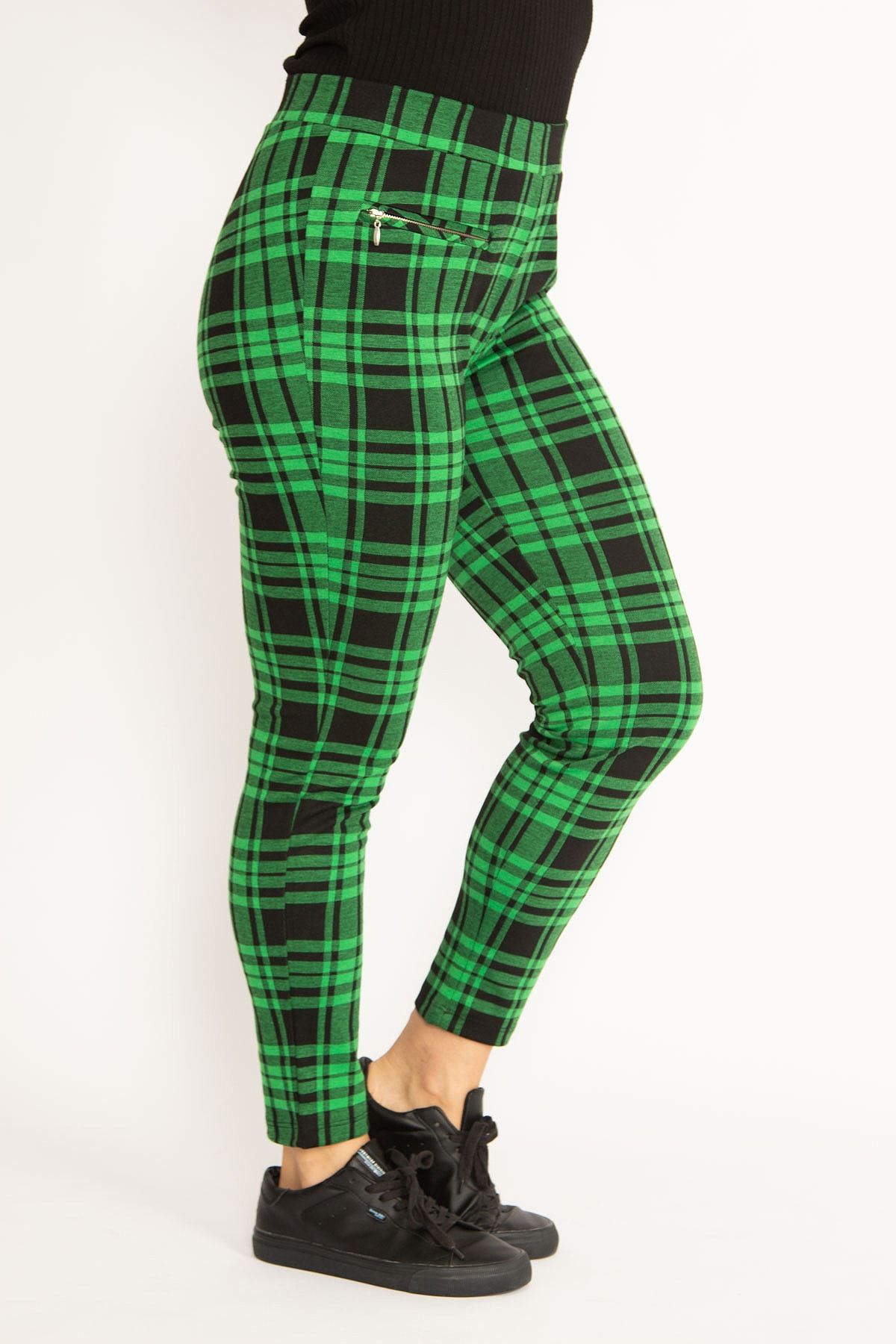 Şans Women's Large Size Green Plaid Patterned Ornamental Zipper Pocket  Tights 65n34640 - Trendyol