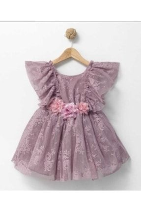 Kız Çocuk Lila Güpür Çiçekli Sırt Kurdele Detaylı Şık Kat Kat Elbise sd332212