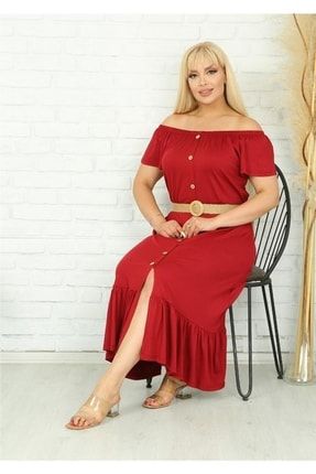 Kadın Büyük Beden Bordo Yaka Lastik Eteği Fırfır Likralı Viskon Elbise (kemer Dahil Değil) VXL-0720