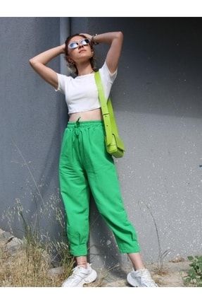 Kadın Yüksek Bel Paçası Pensli Keten Rahat Pantolon Yeşil MKPPP-5