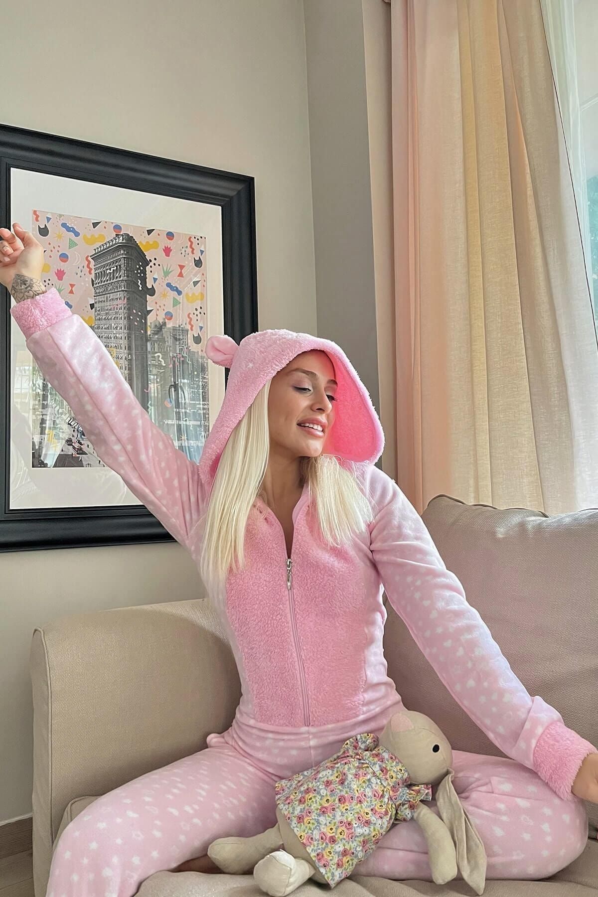 Pijamaevi Powder Pink Mini Heart Patterned Women s Fleece Plush