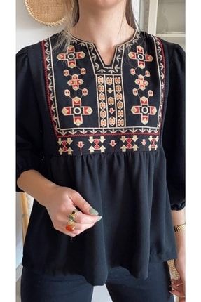 Kadın Siyah Etnik Desen Krep Kumaş Vintage Nakışlı Bluz MK0003