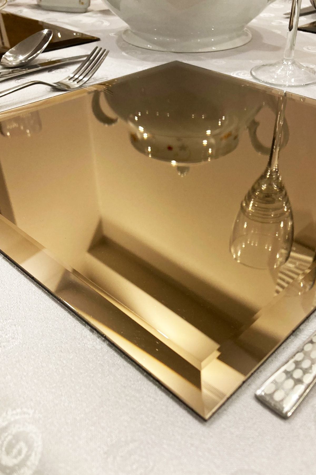 Linacci-Single Square Bronze Mirror Supla Dining Table with Decorative Bisote 4