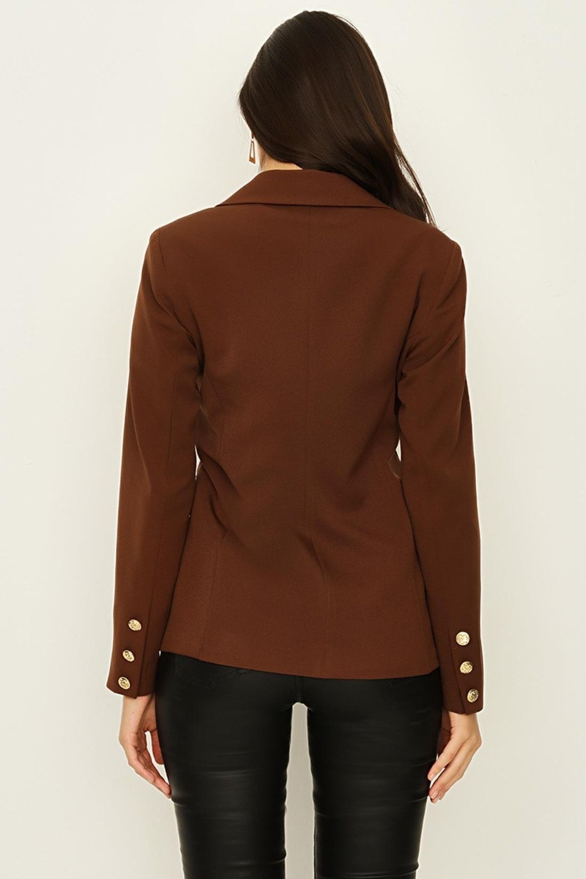 Select Moda-Women's Brown Chocolate Color Gold Button Closure Lined Blazer Jacket 4