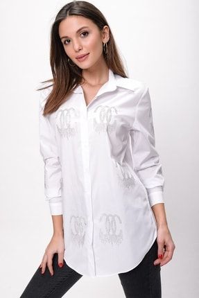 Kadın Beyaz Boncuk İşlemeli Koton Gömlek S-21K0190027-Beyaz