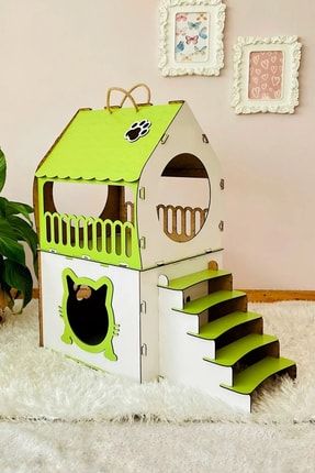 Dekoratif Kedi Evi Teraslı Dublex Yeşil BEYAZYEŞİLKEDİ